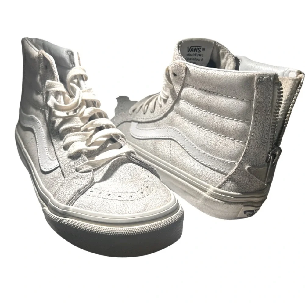 Limited Edition Vans White SK8-Hi Slim Leather Zip High-Top Sneakers | Women’s 6